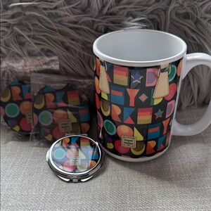 Fashion Inspired Multicolor Mug, Compact Mirror & 2 Sets of Car Coasters